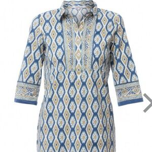 Bella Tu Quinn Blue Ikat Print Shirtdress Stretch Women's Size Medium